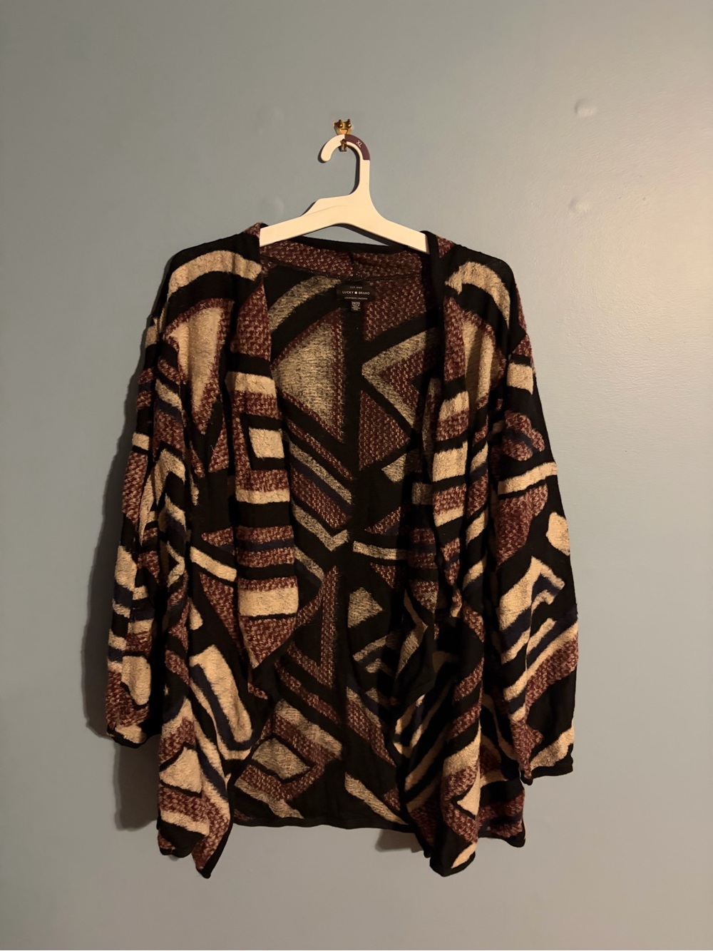 Lucky Brand Geometric Open-Front Cardigan in Black, Cream & Brown